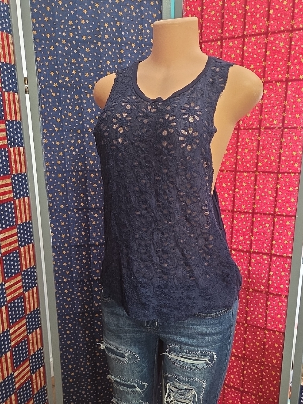 Navy Floral Crochet Tank Top - Women's Sleeveless Layering Tee